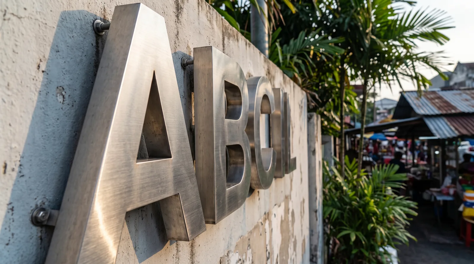 angled close-up of brushed stainless steel three-dimensional letters mounted on a rendered wall, showing the depth of th