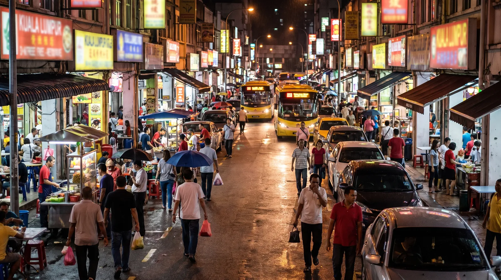 busy Malaysian commercial street at night, shopfront signs glowing along both sides of the road