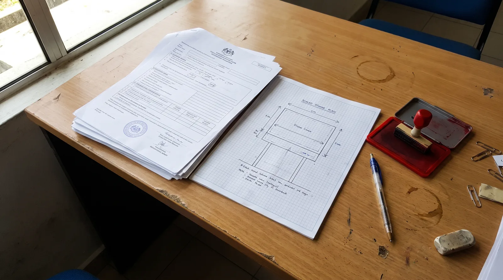 overhead desk shot of a signboard licence application file: printed forms, a scaled sign drawing with dimension arrows, 