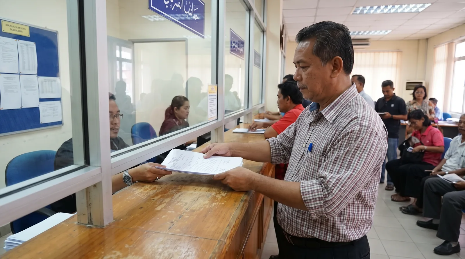business owner in a collared shirt handing documents across a service counter at a Malaysian council licensing office
