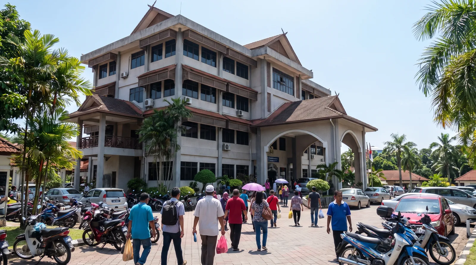 Malaysian municipal council office building exterior with visitors walking to the entrance on a bright morning