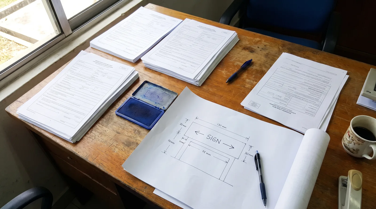 overhead desk shot of a signboard licence application file: printed forms, a scaled sign drawing with dimension arrows, 