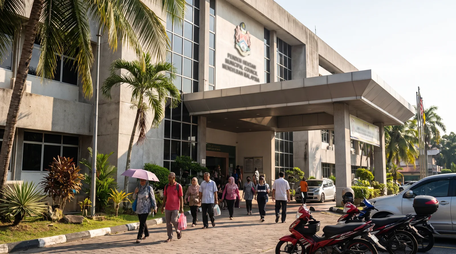 Malaysian municipal council office building exterior with visitors walking to the entrance on a bright morning