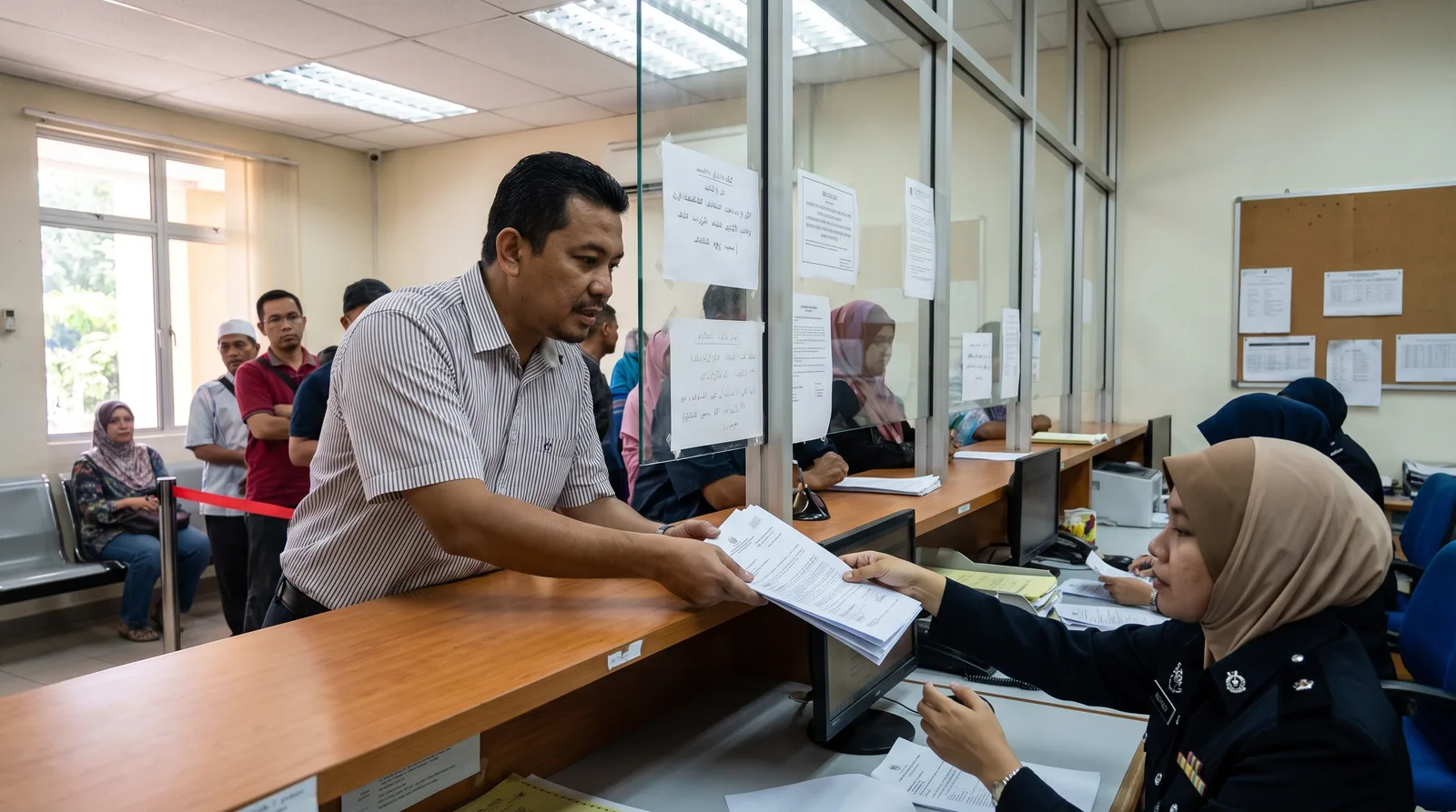 business owner in a collared shirt handing documents across a service counter at a Malaysian council licensing office