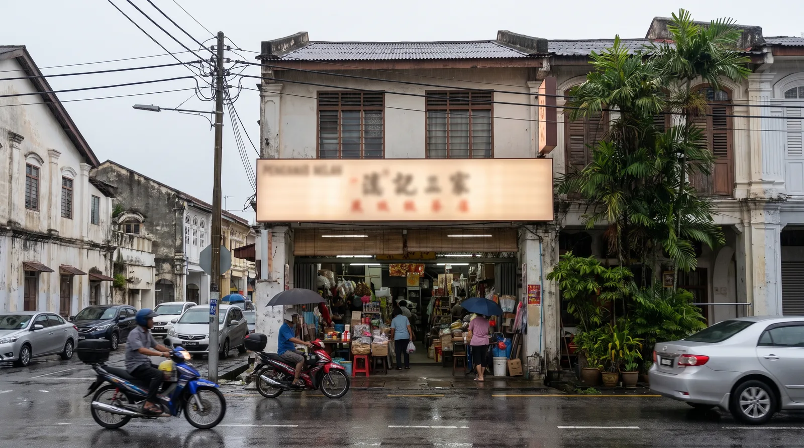 shopfront in a Malaysian town with a newly installed illuminated signboard, viewed from across the street