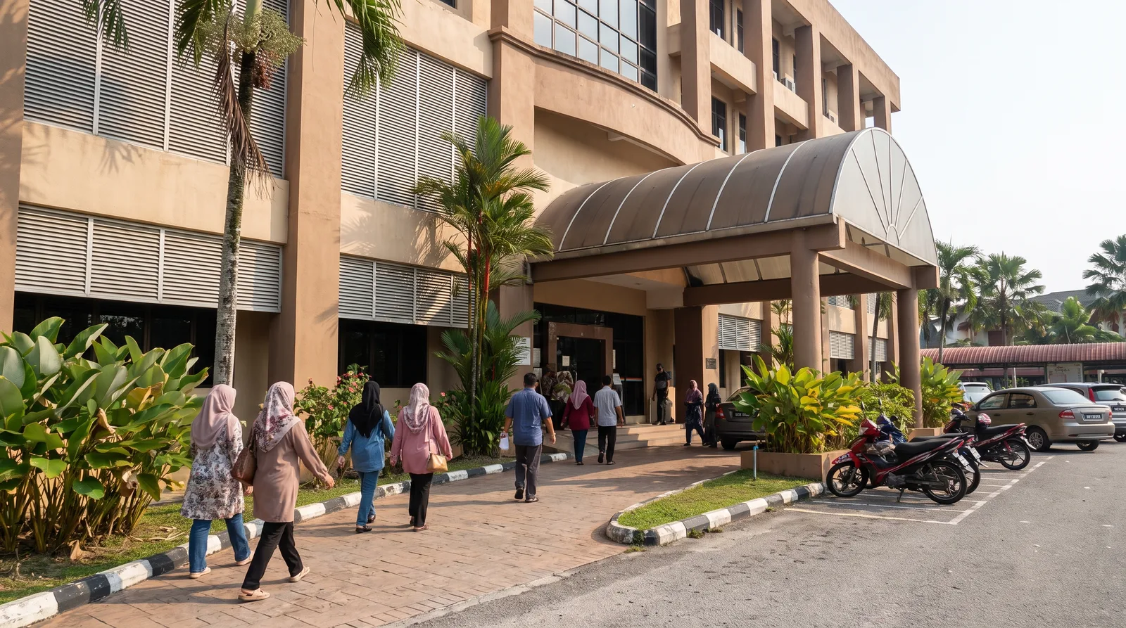 Malaysian municipal council office building exterior with visitors walking to the entrance on a bright morning