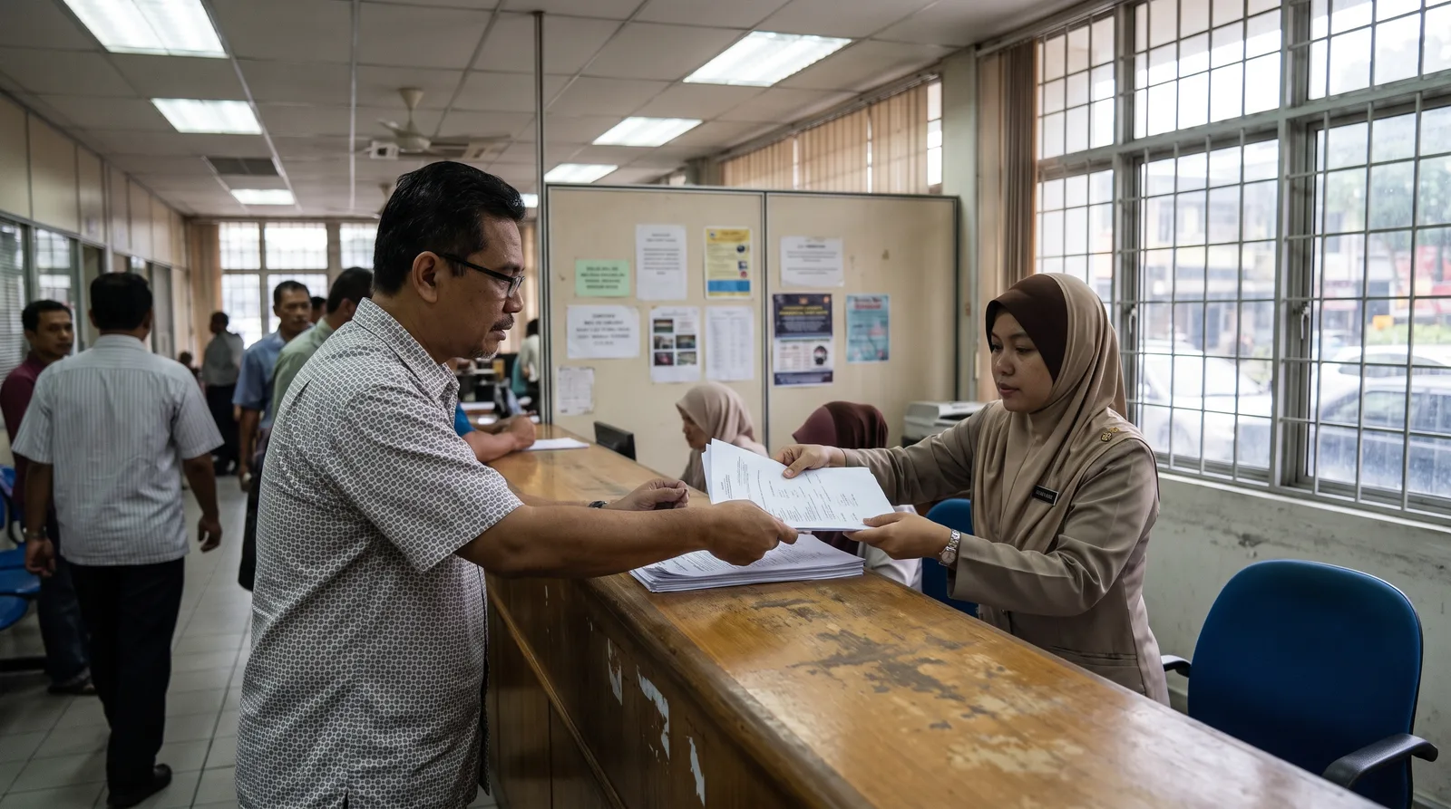 business owner in a collared shirt handing documents across a service counter at a Malaysian council licensing office