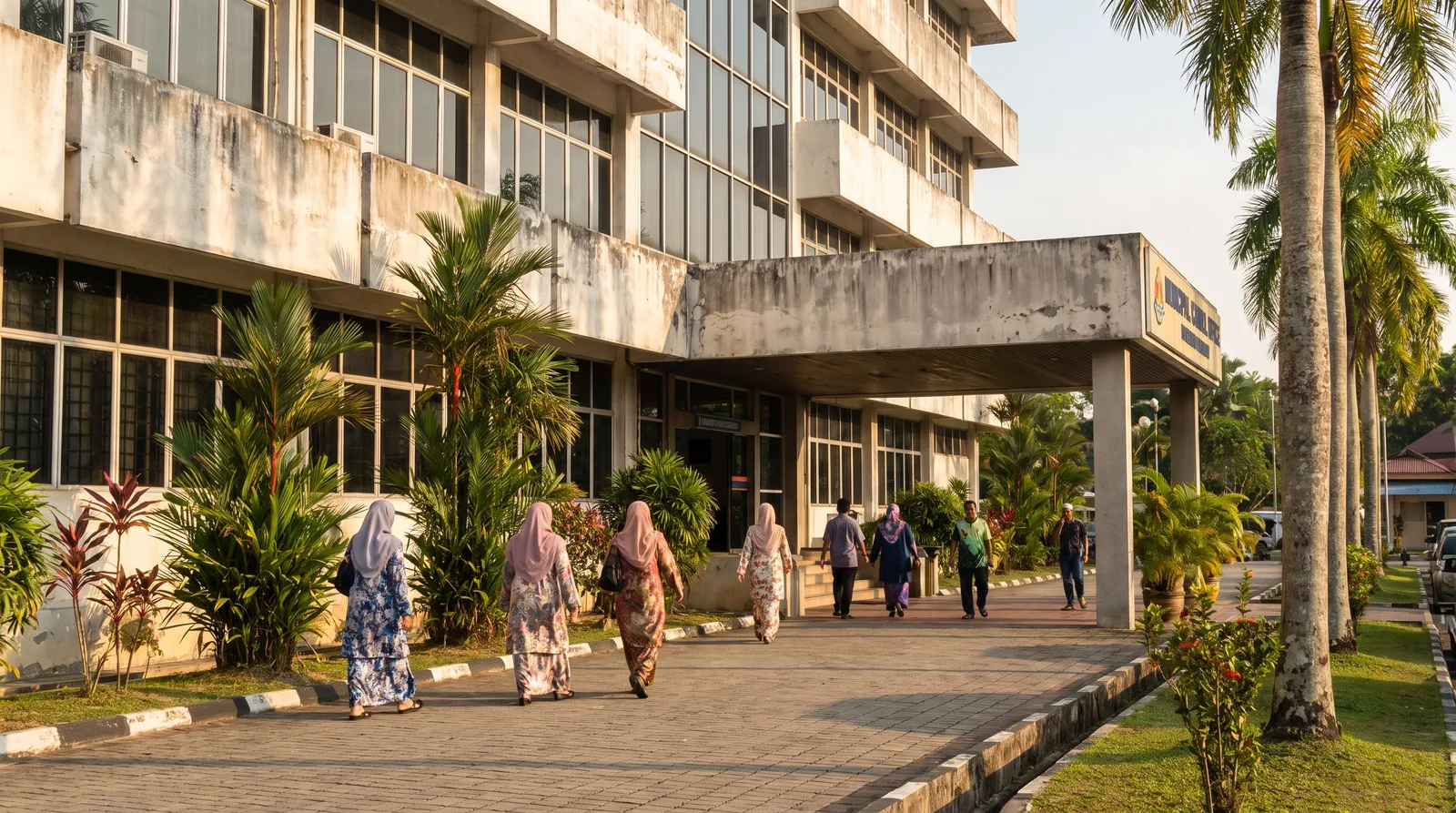 Malaysian municipal council office building exterior with visitors walking to the entrance on a bright morning