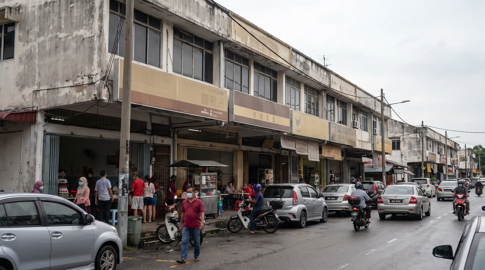 row of Malaysian shoplots with compliant horizontal fascia signboards above the covered walkway