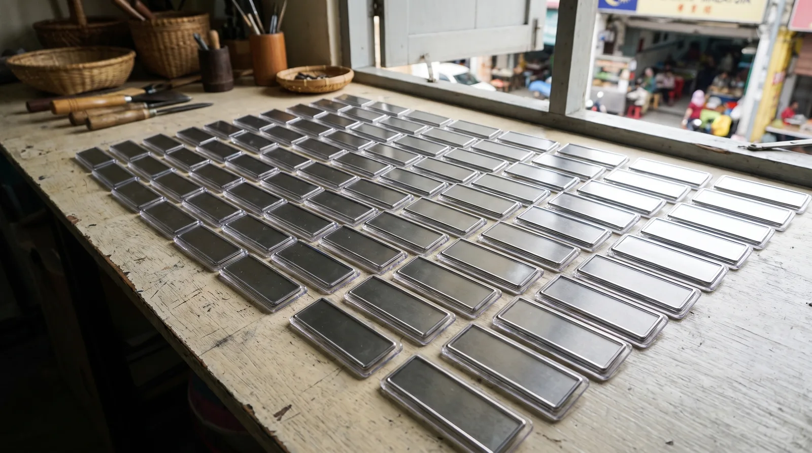 flat-lay of blank metal and acrylic name badges arranged in neat rows on a light surface