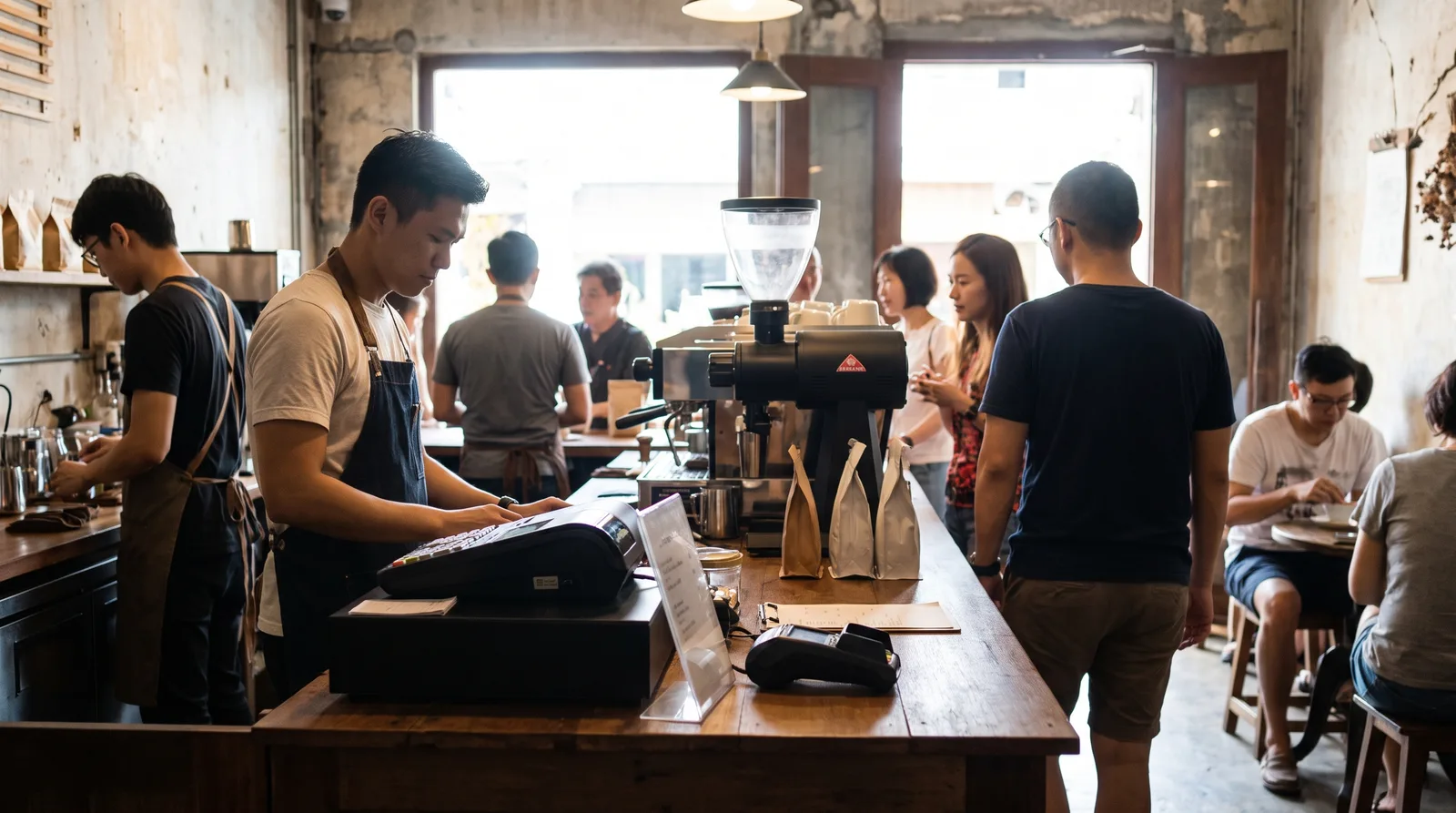 cafe counter with a small acrylic stand next to the payment terminal, barista working behind