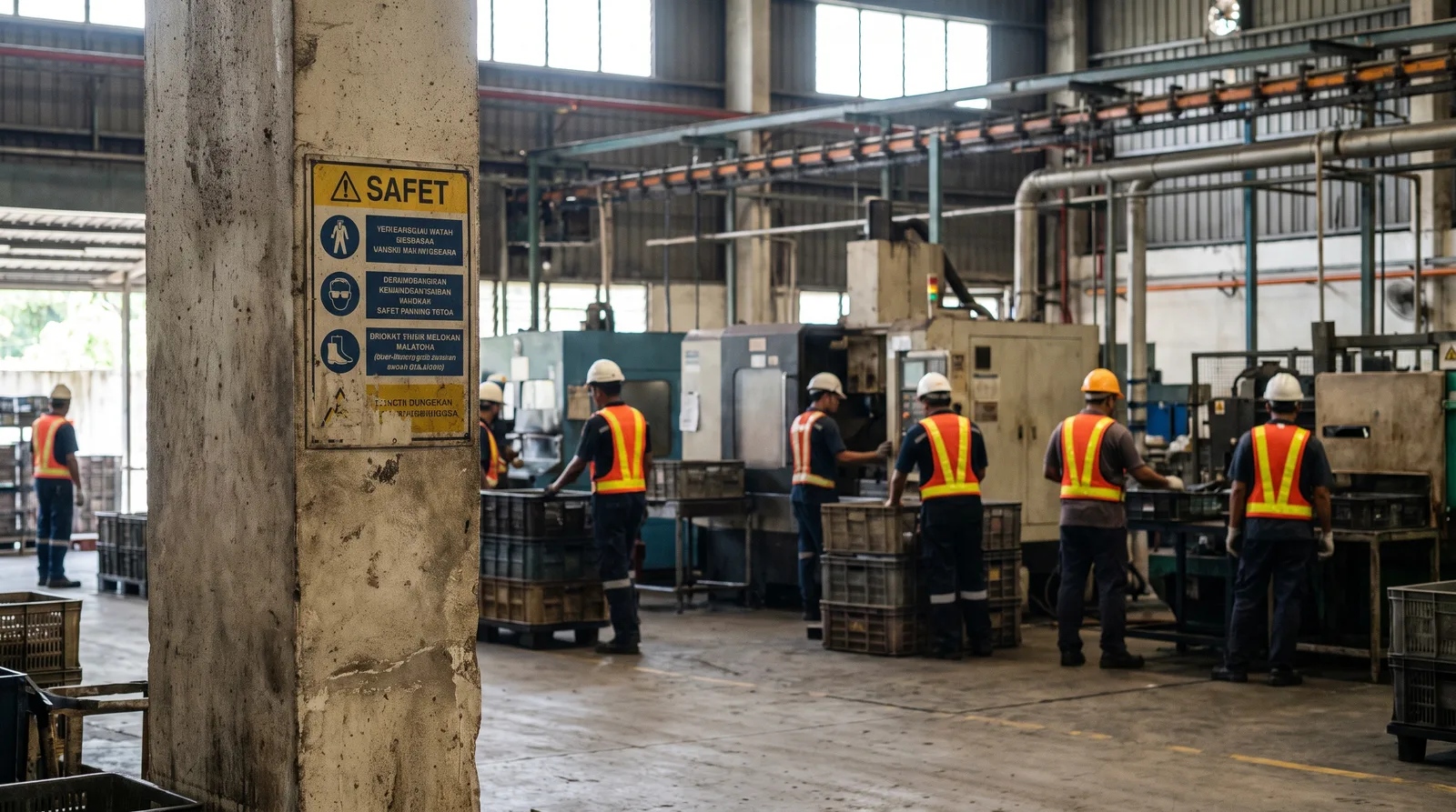 Malaysian factory floor with safety signage mounted on a pillar, workers in helmets and high-visibility vests in the bac