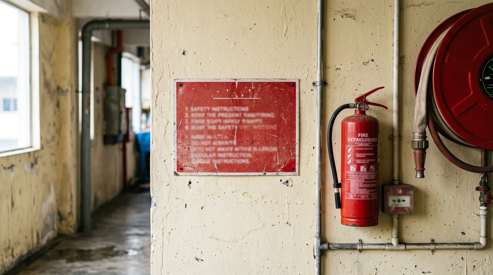 close-up of a red and white safety sign mounted on a painted wall beside fire equipment