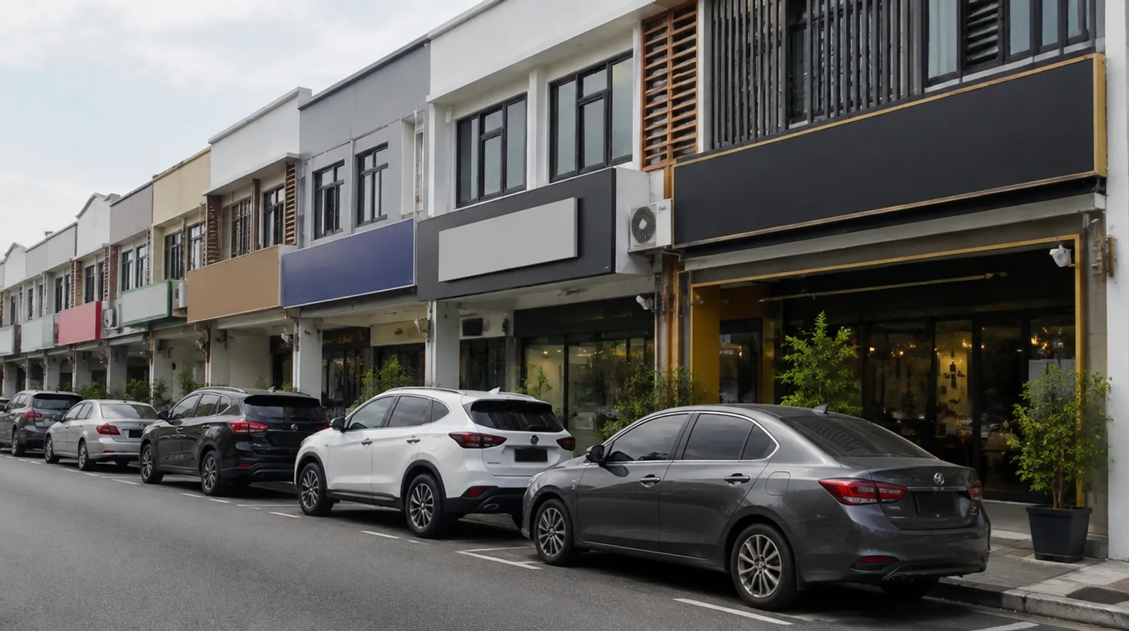 Row of Malaysian shoplots with flat panel, lightbox and 3D letter signboards above the five-foot walkway