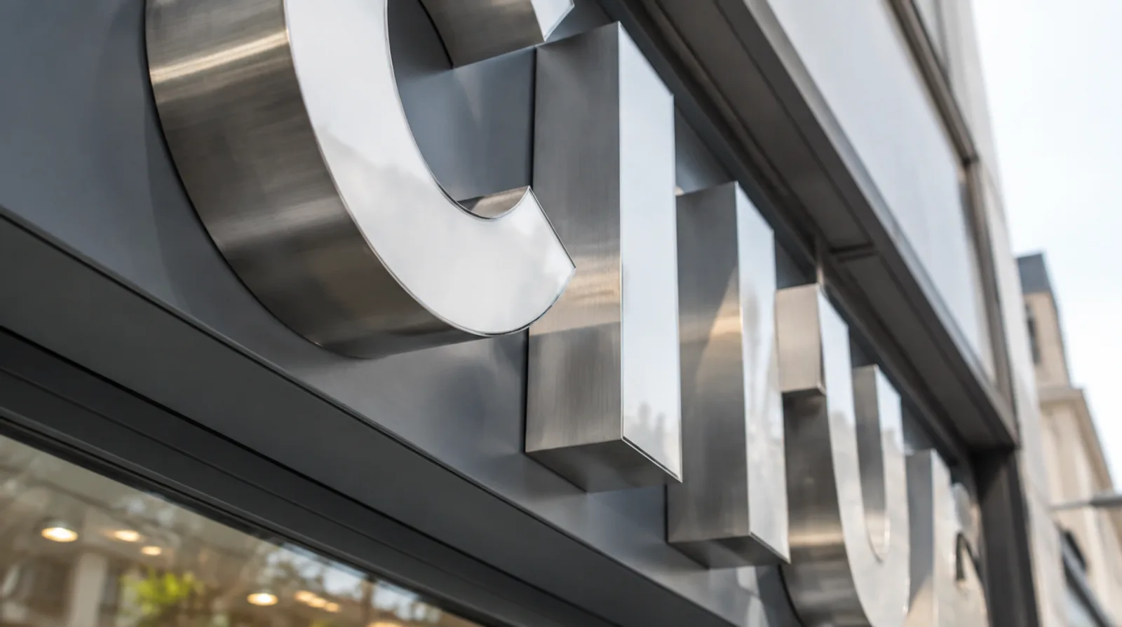 3D box-up letters with brushed stainless steel sides and acrylic faces on a shop fascia seen from a low side angle