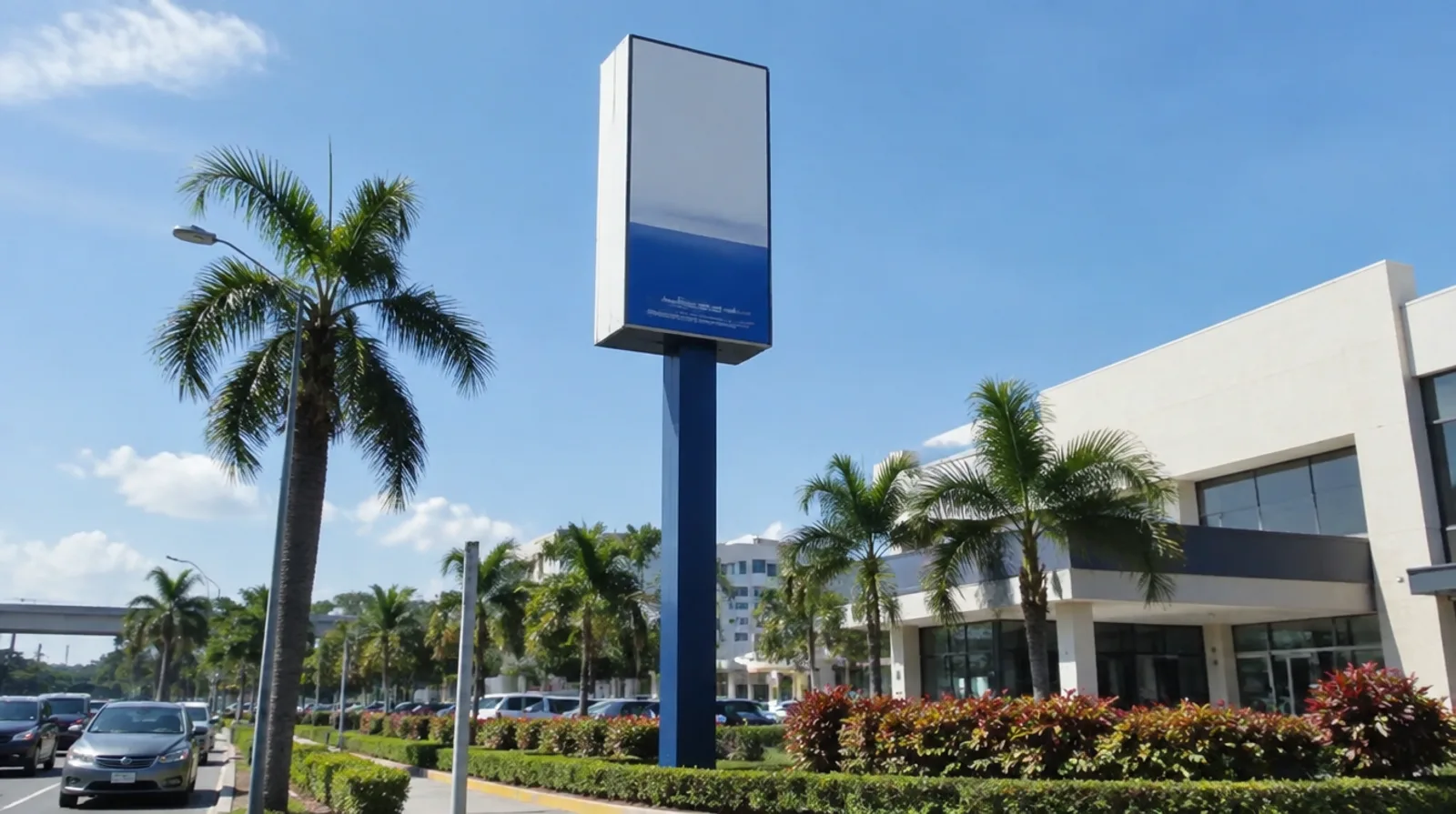 Tall double-sided pylon pole sign standing by the roadside in front of a Malaysian commercial building