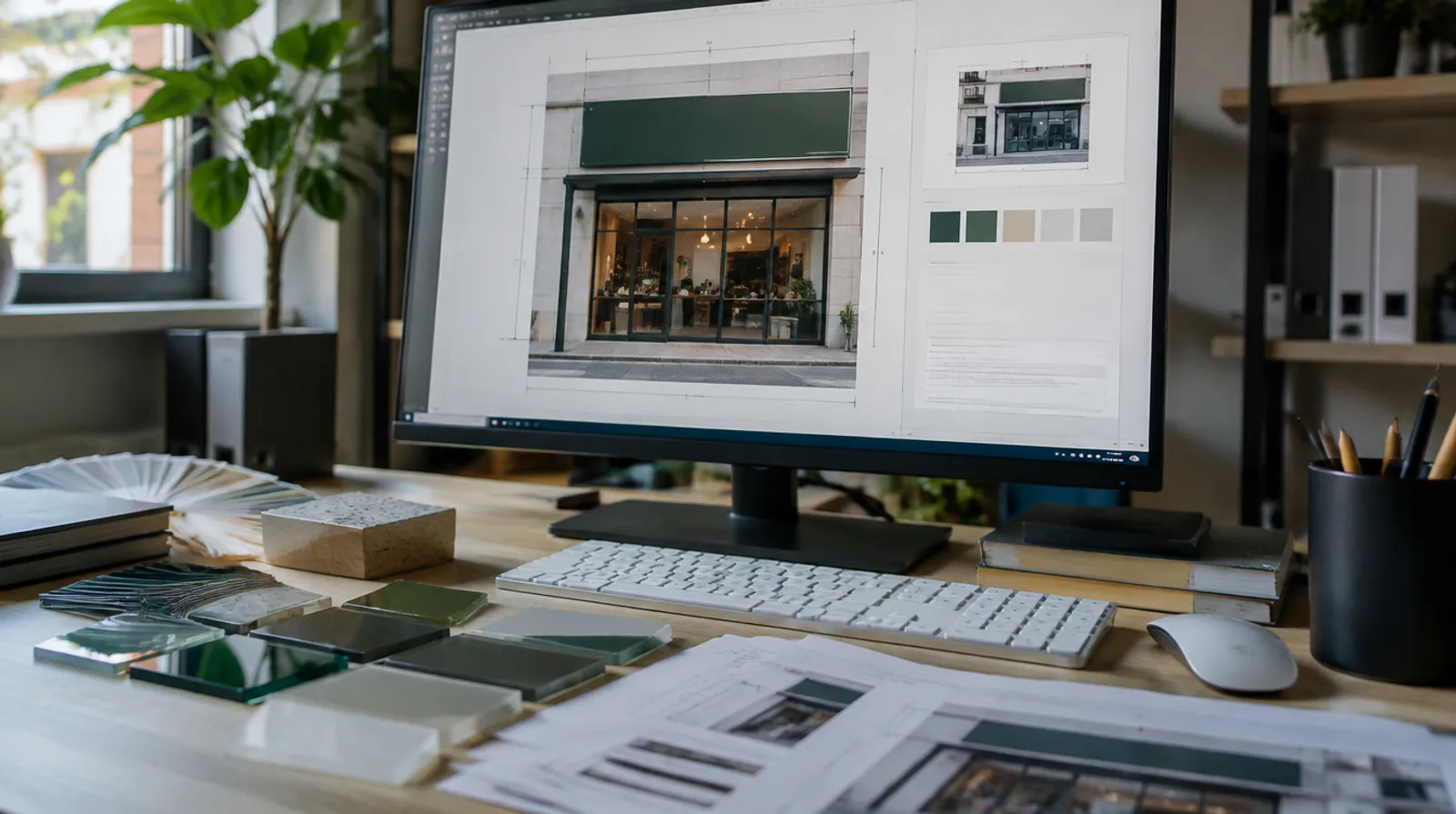 Designer's monitor showing a scaled signboard mockup over a shopfront photo with material samples on the desk