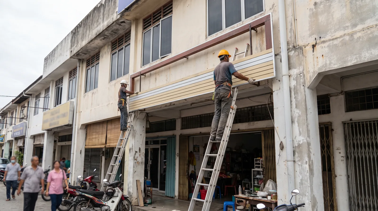 shopfront fascia signboard being installed by two workers on an aluminium ladder outside a Malaysian shoplot