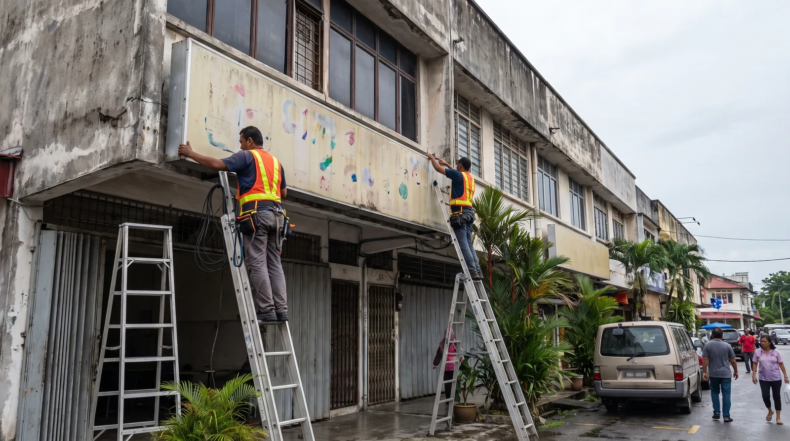 shopfront fascia signboard being installed by two workers on an aluminium ladder outside a Malaysian shoplot