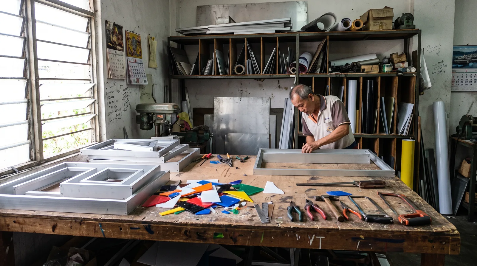 interior of a Malaysian signage workshop: aluminium box-up letter frames, acrylic offcuts and hand tools on a workbench