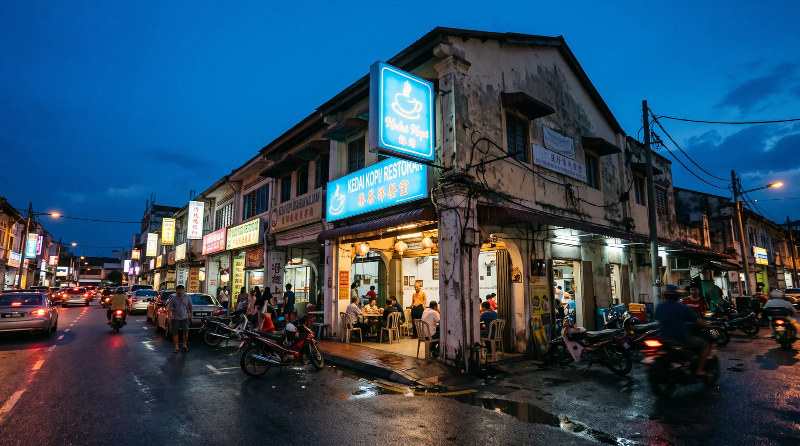 illuminated acrylic lightbox sign glowing above a Malaysian shoplot at dusk, blue hour sky and wet road reflections