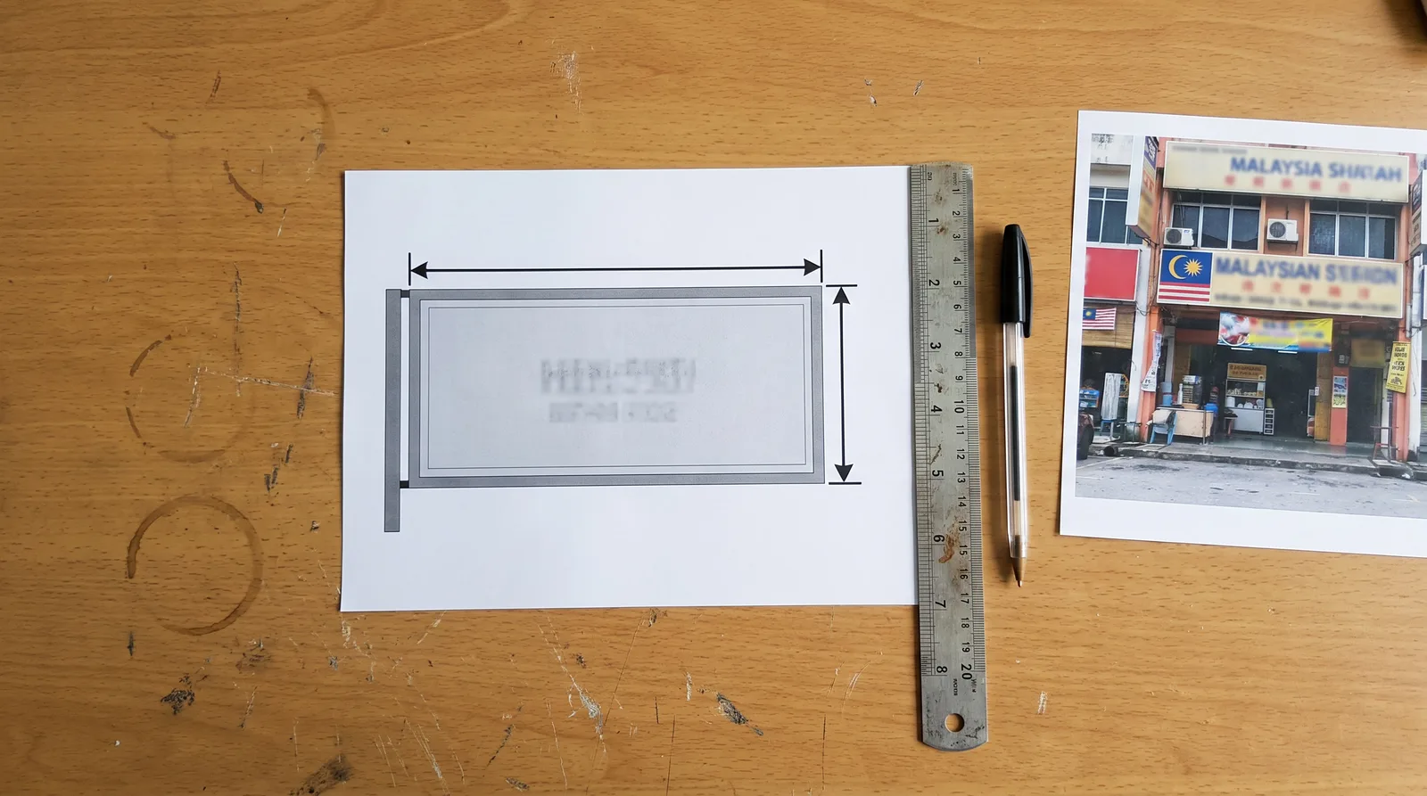Scaled signboard design mockup with dimension lines prepared for a council licence application