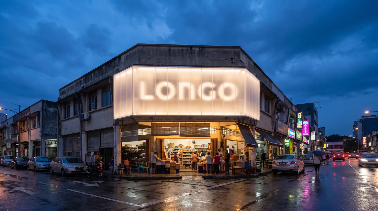 Illuminated acrylic lightbox signboard glowing at dusk, fitted within the shop lot frontage