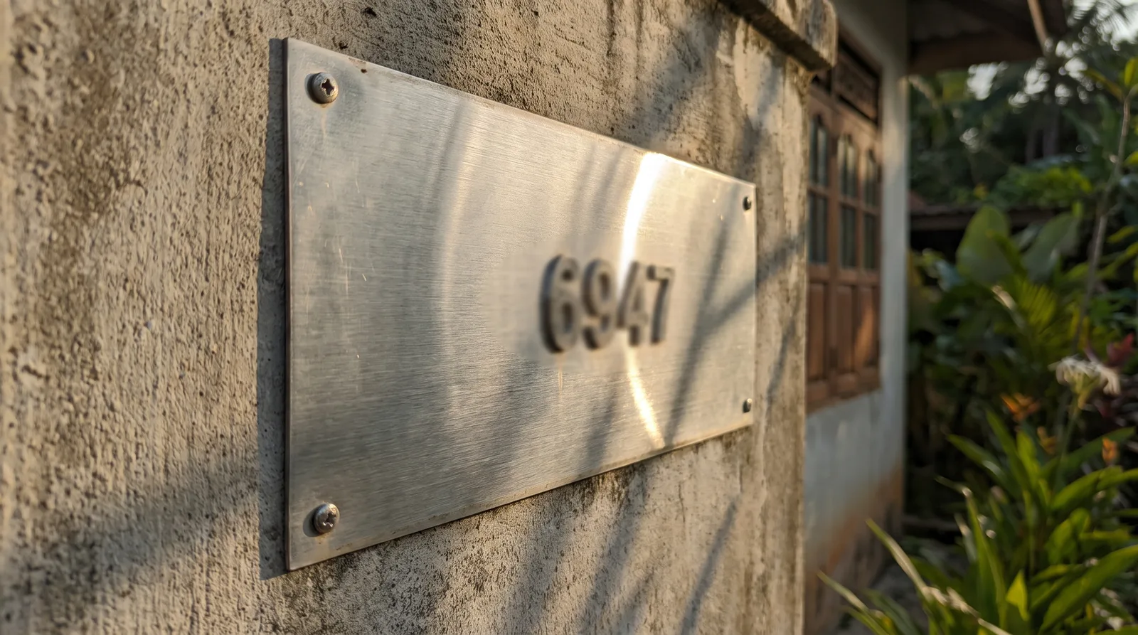 close-up of a brushed stainless steel house number plate mounted on an exterior wall, raking afternoon light showing the
