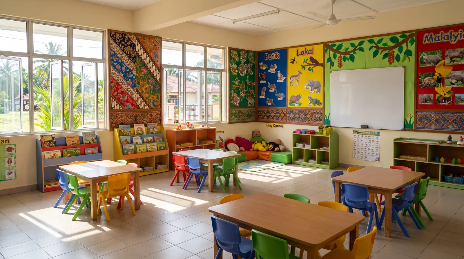 bright Malaysian kindergarten classroom with colourful wall decor panels, small tables and child-sized chairs, no childr