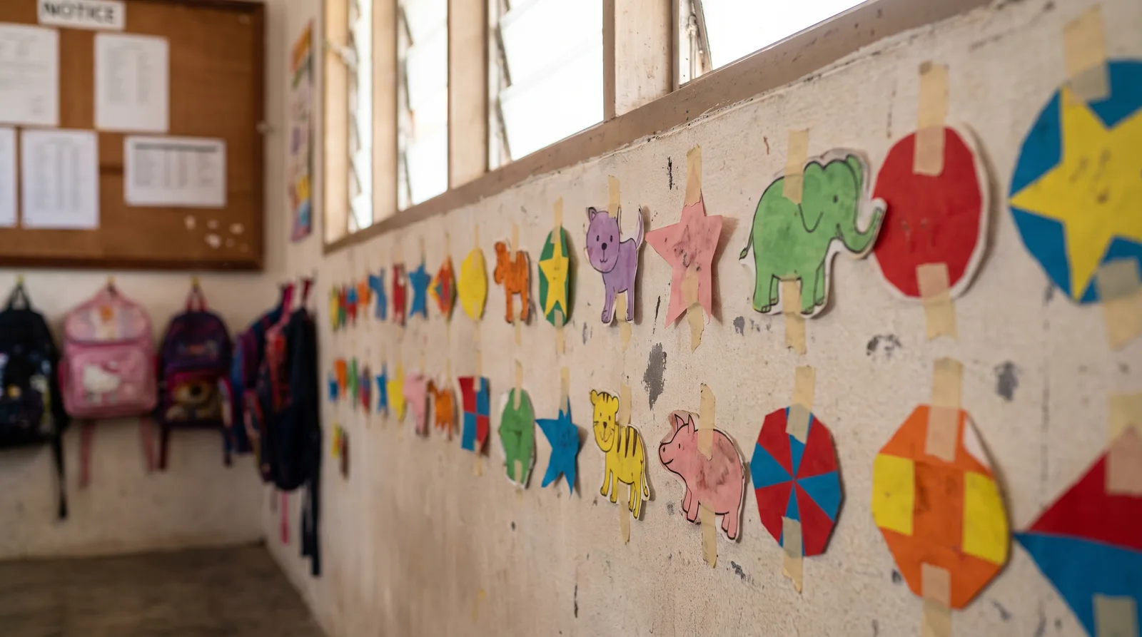 close-up of colourful cut-out decorative shapes mounted on a classroom wall at child height