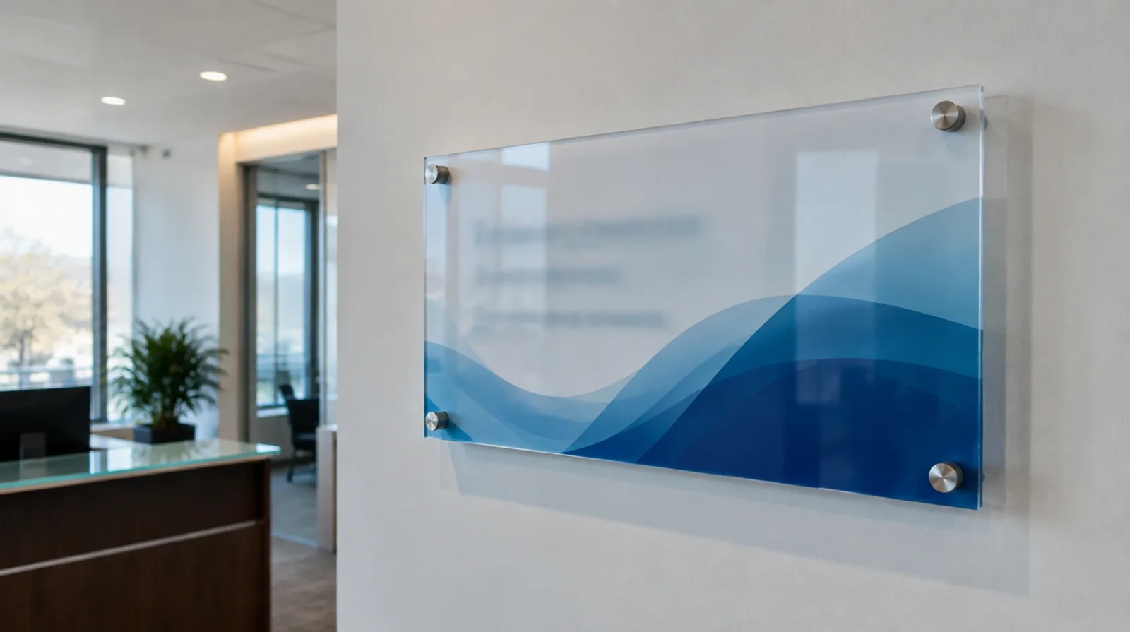 UV-printed clear acrylic office sign mounted on a wall with four stainless steel standoff spacers