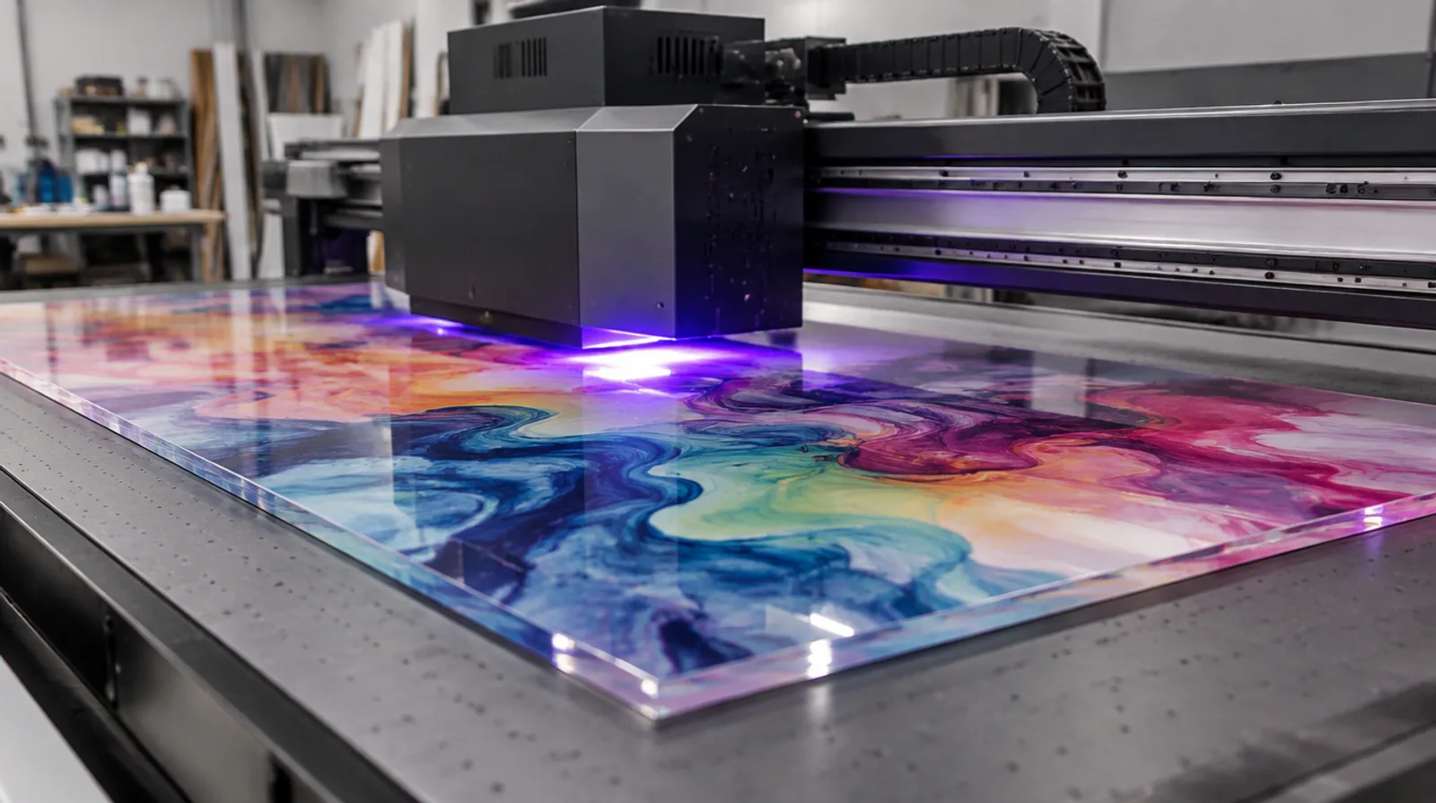 Flatbed UV printer printing a colourful design onto a clear acrylic sheet