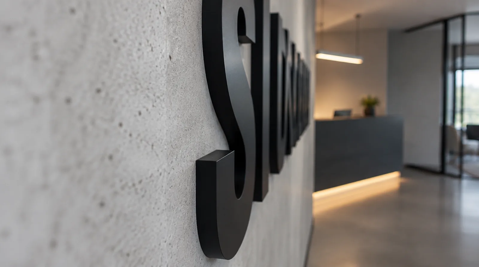Individual laser-cut black acrylic letters mounted directly on a concrete feature wall, seen from the side