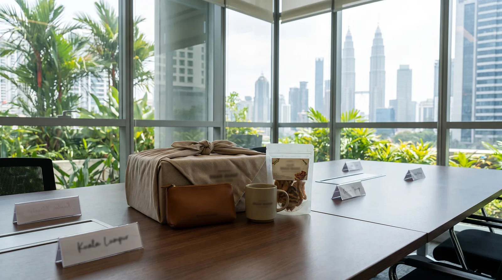 corporate gift set laid out on a meeting-room table before an event