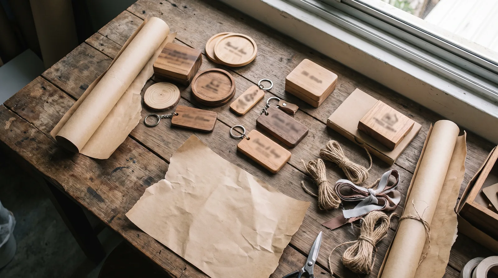 flat-lay of personalised engraved gifts arranged with kraft paper and ribbon on a wooden table