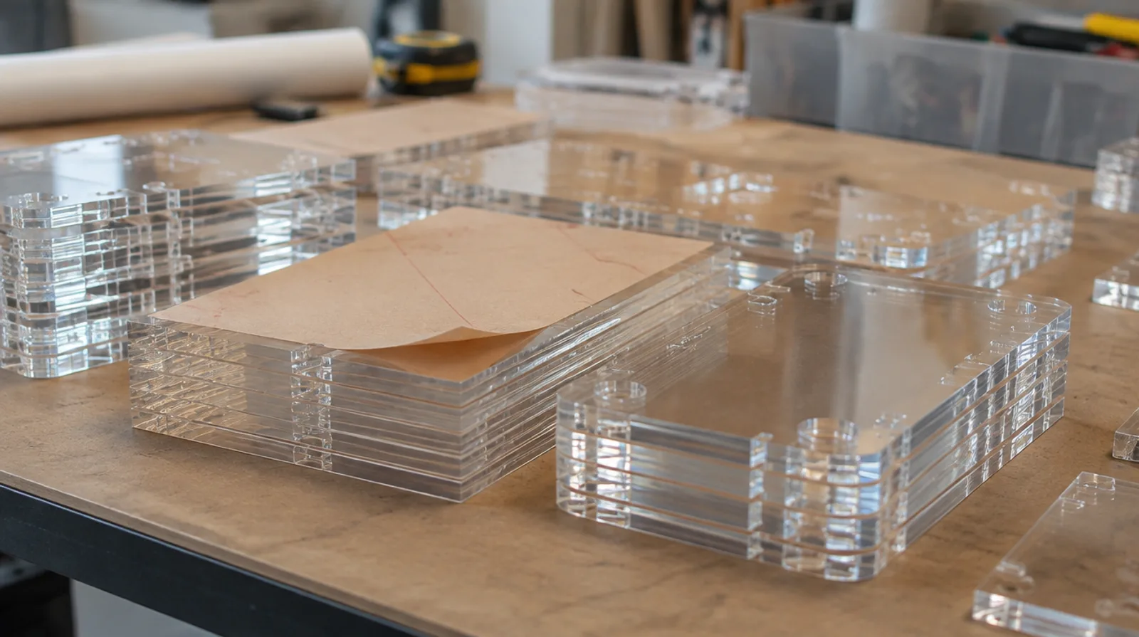 Stack of laser-cut clear acrylic parts in two thicknesses with glossy polished edges