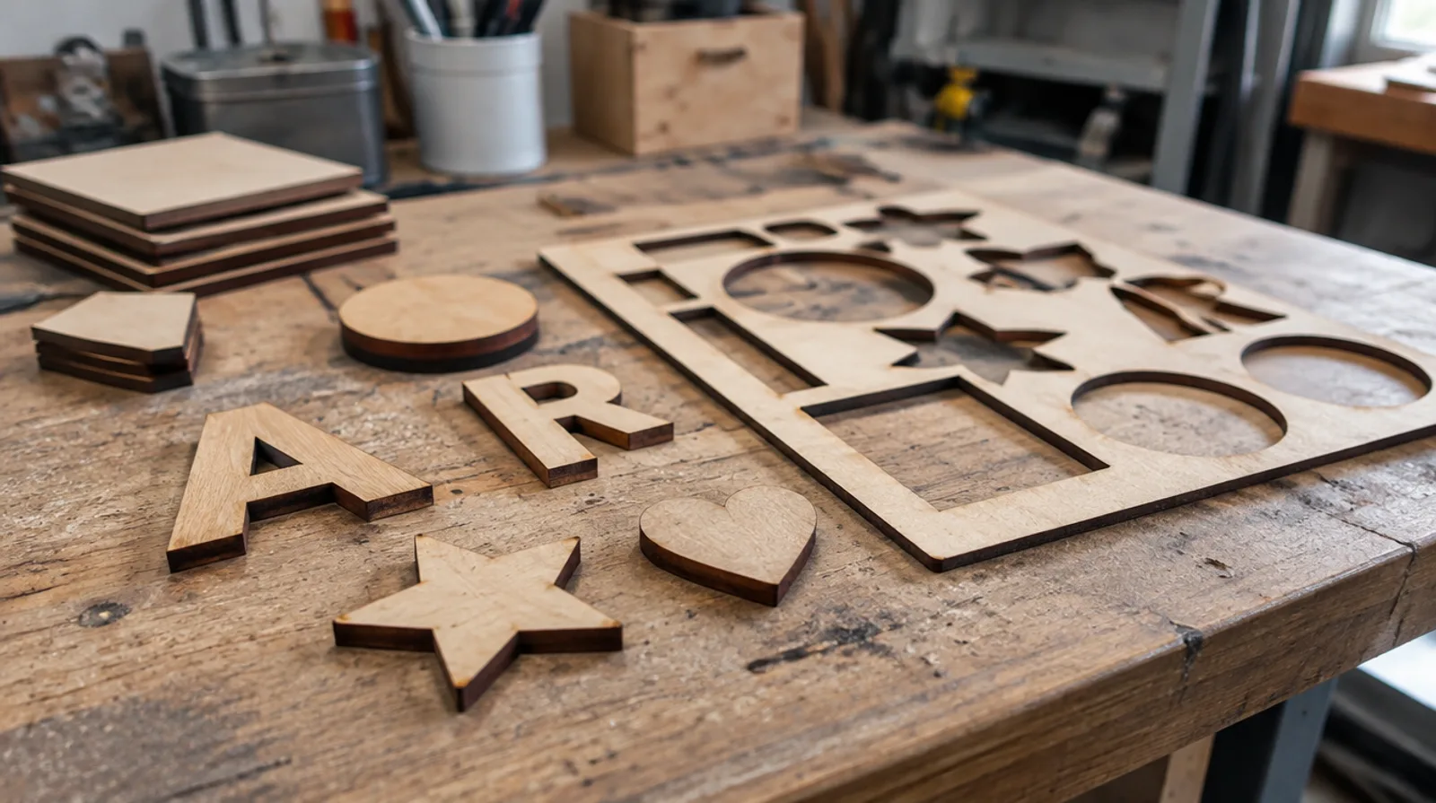 Laser-cut plywood shapes and letters with dark cut edges on a workshop bench