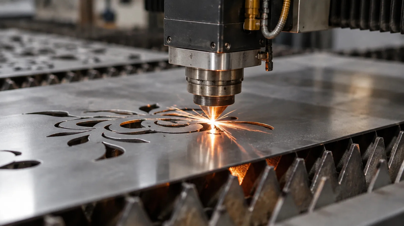 Fibre laser cutting a decorative outline from thin stainless steel sheet with small sparks