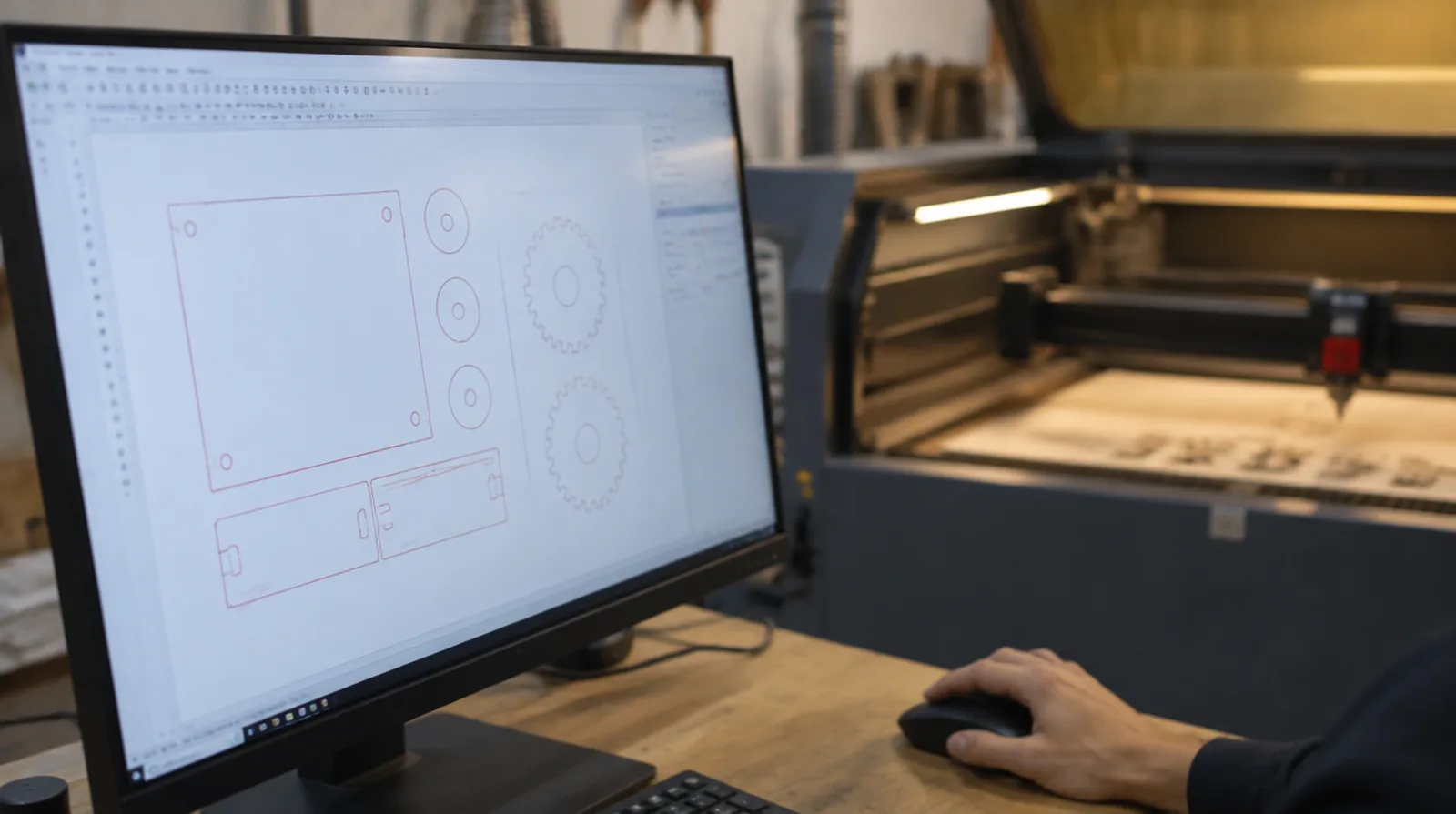 Workshop computer showing a vector outline drawing with a laser cutting machine behind