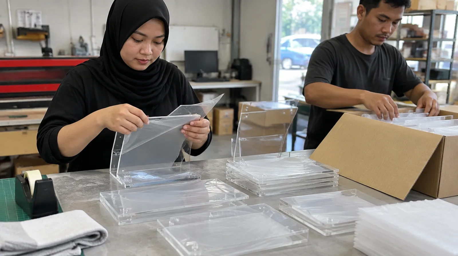Finished laser-cut acrylic pieces being wrapped and packed into a box on a packing table