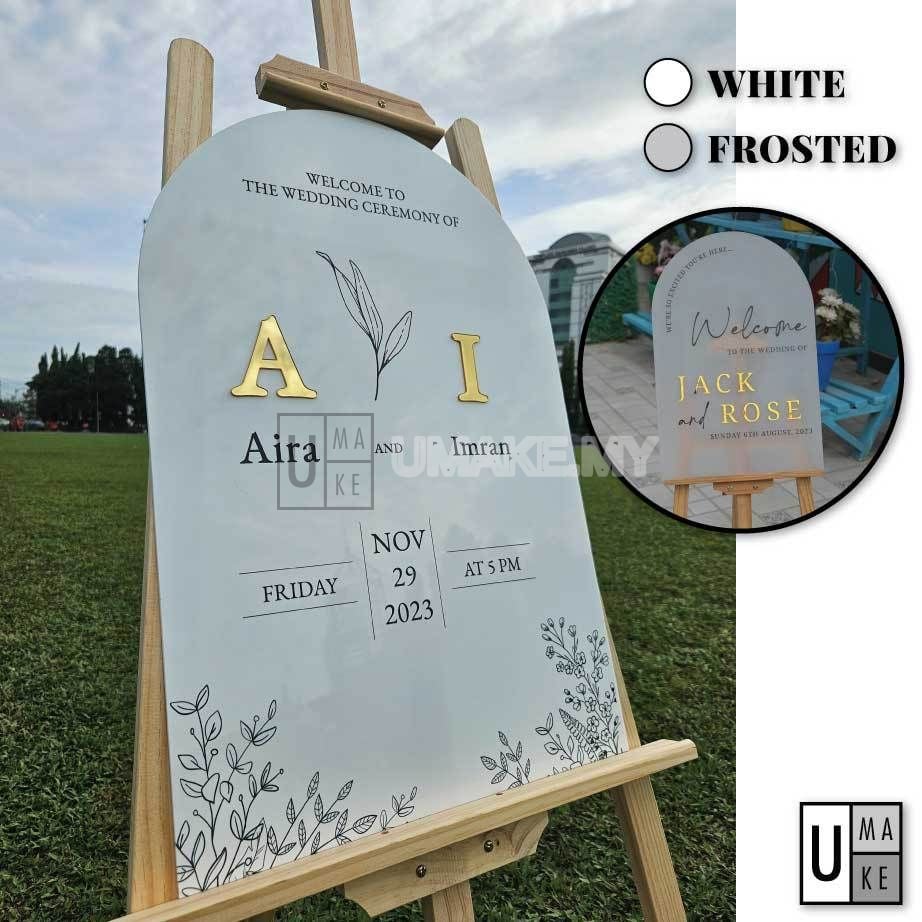 Two acrylic wedding welcome boards showing the white finish and the frosted transparent finish