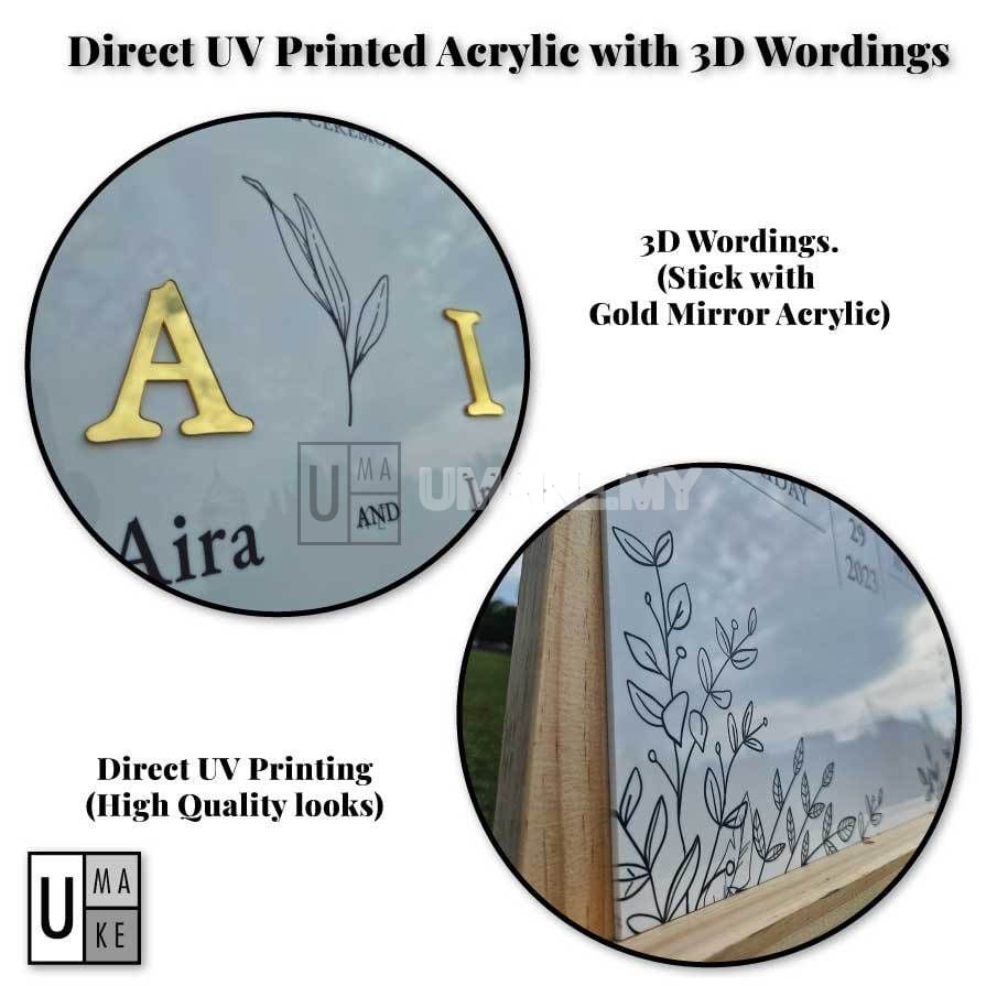 Close-up of a wedding welcome board showing direct UV print on acrylic and raised gold mirror letters