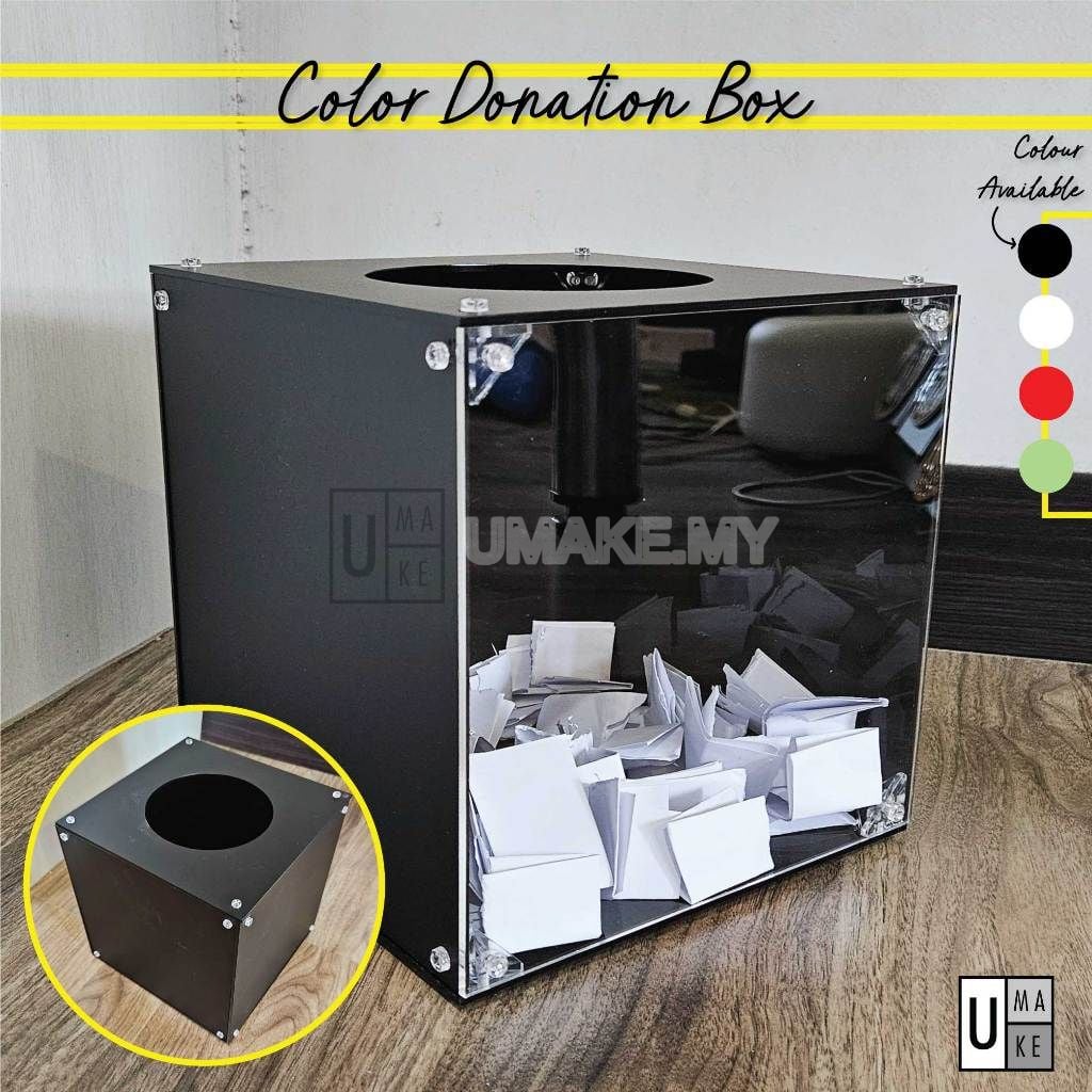 Black acrylic lucky draw box with one clear side showing folded entry slips inside