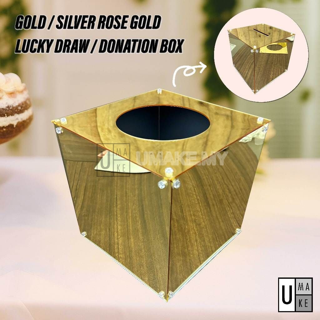Gold mirror acrylic lucky draw box with a round opening on top