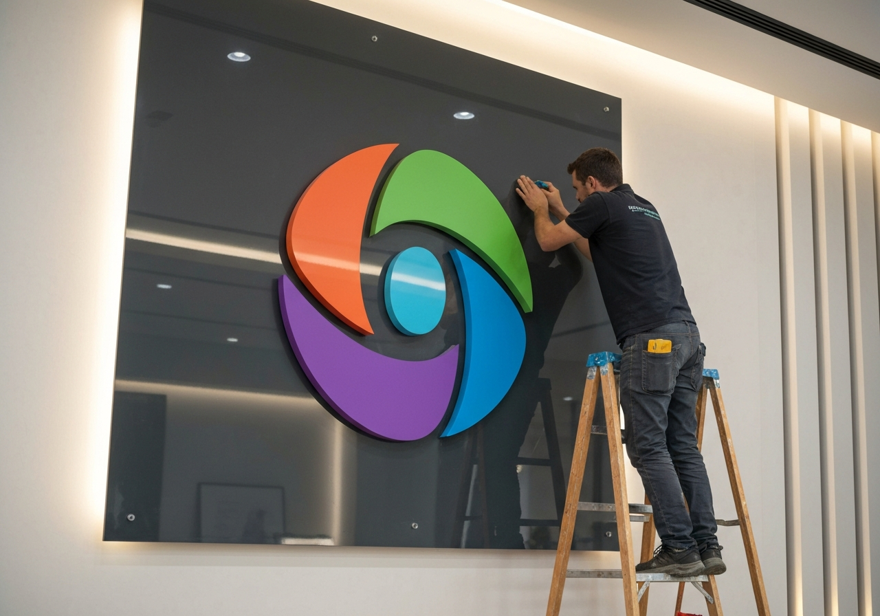Installing a 3D acrylic logo on a reception wall