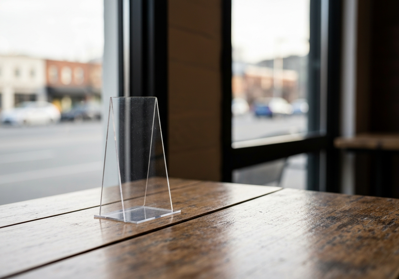 Acrylic menu tent-card holder on a coffee shop table