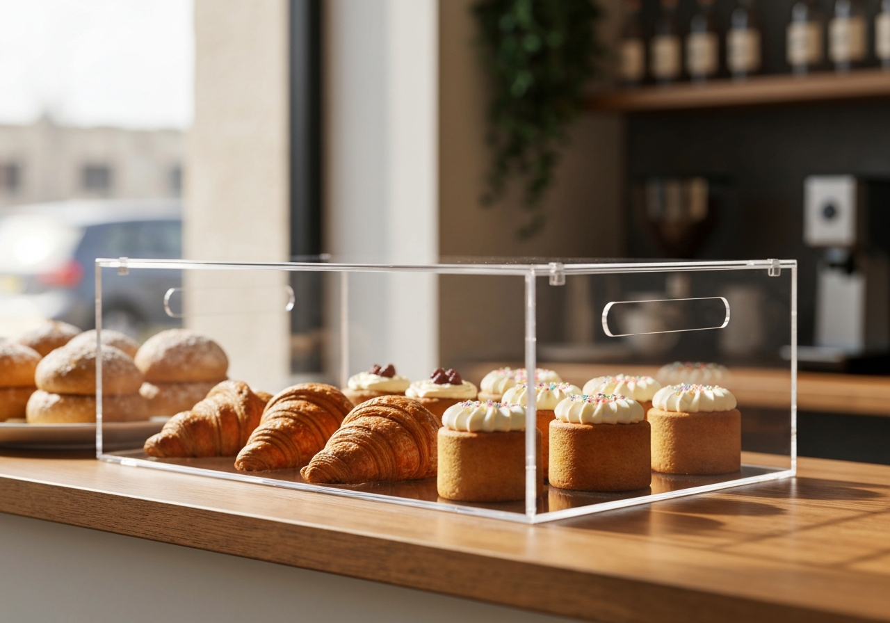 Clear acrylic pastry display box on a cafe counter