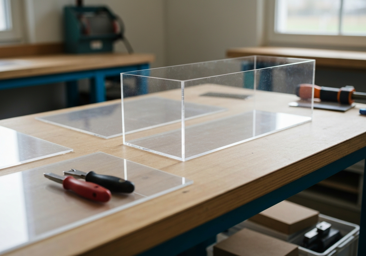 Acrylic display box being assembled on a workshop bench