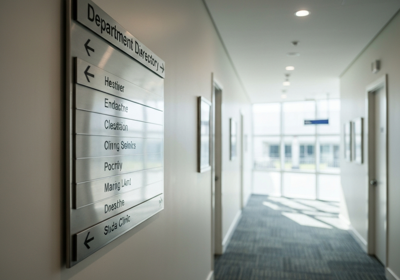 Stainless steel department directory on a clinic wall