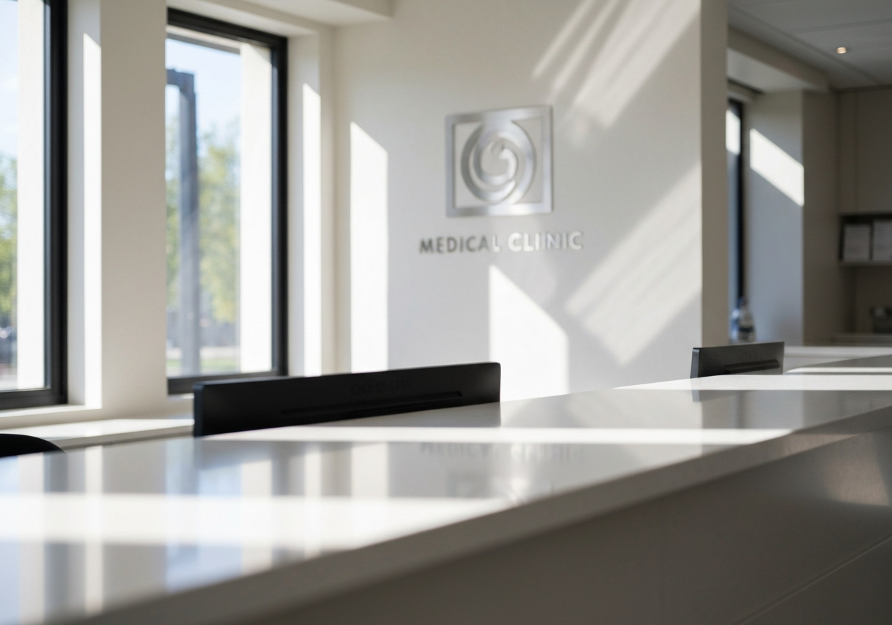 Modern clinic reception with brushed steel logo signage
